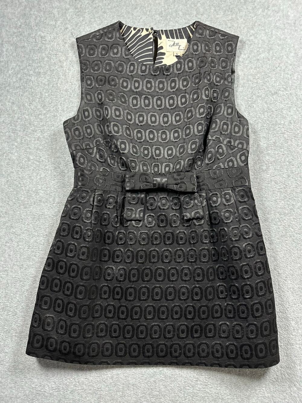 Milly New York Geometric Print Tunic Top 6 Black Sleeveless Bow Waist Silk Lined